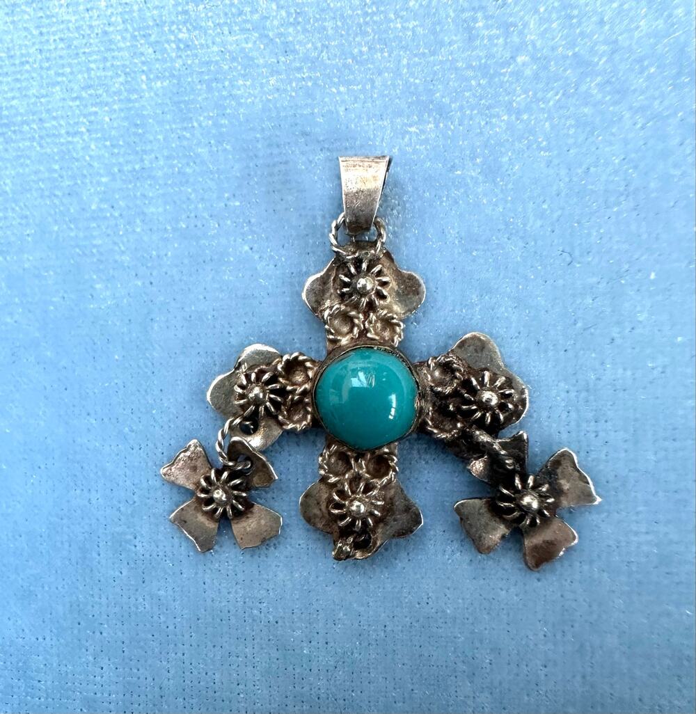 Vtg Taxco Mexico 925 Sterling Silver Turquoise Yalalag Cross Pendant Chandelier